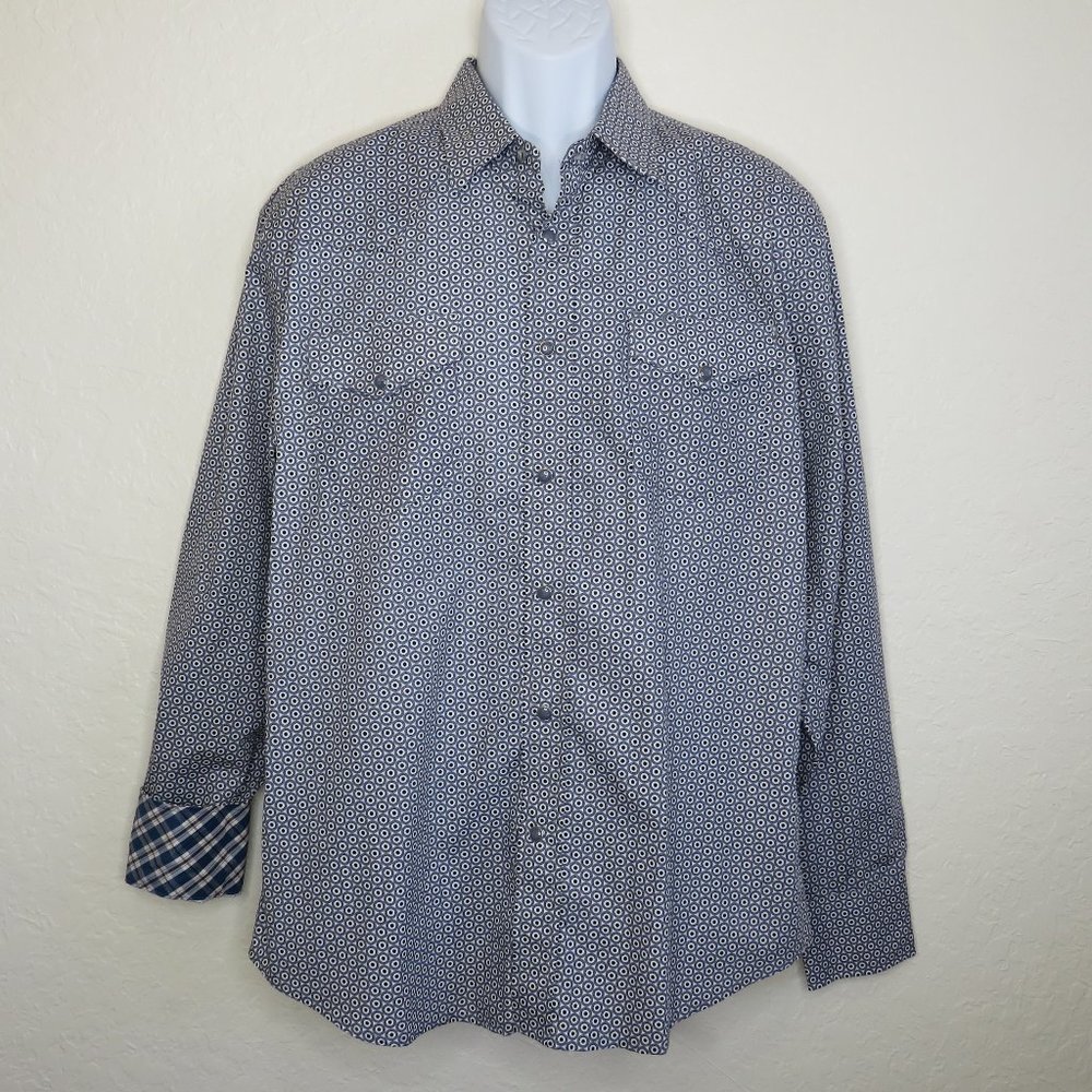 STARR* Men's Long‎ Sleeve Pearl Snap Down Curved Hem BOHO Design Shirt~ Large